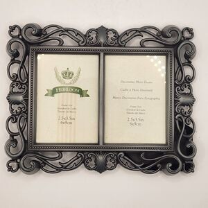 Pewter Double Window Photo Picture Frame Ornate Holds Two 3.5 X 2.5 Photos